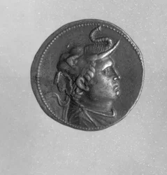 Coin Minted by Ptolemy I Showing Alexander the Great Wearing an Elephant Cap and a Ram